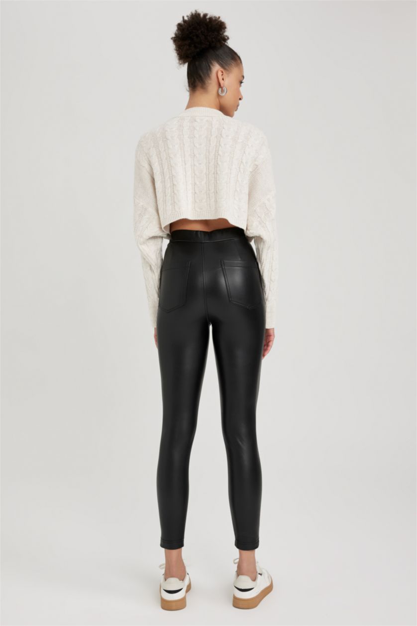 حريمي أسود بنطلون ليجن جلد صناعي سكيني فيت بخصر عادي