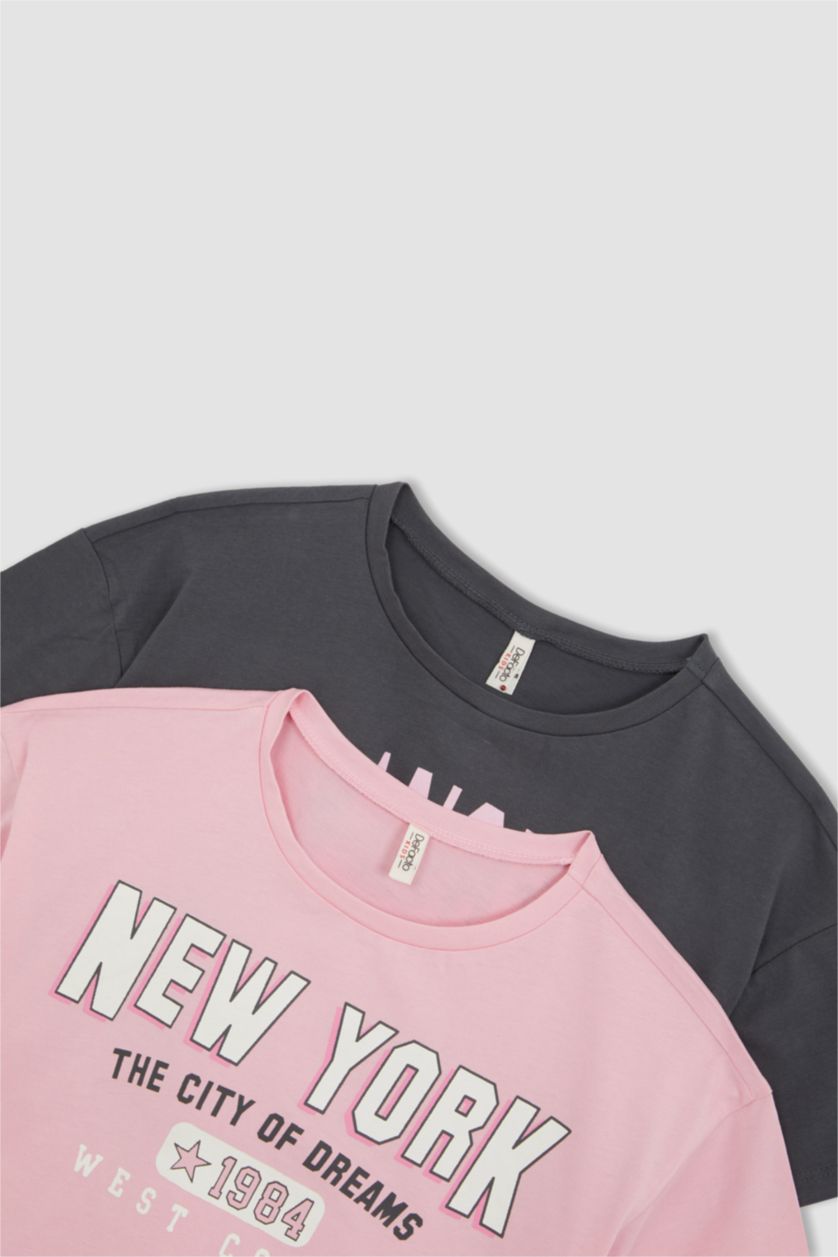 GIRLS & TEENS Grey Girls Defacto Fit Letter Printed Short Sleeve 2-Pack Crop T-Shirt