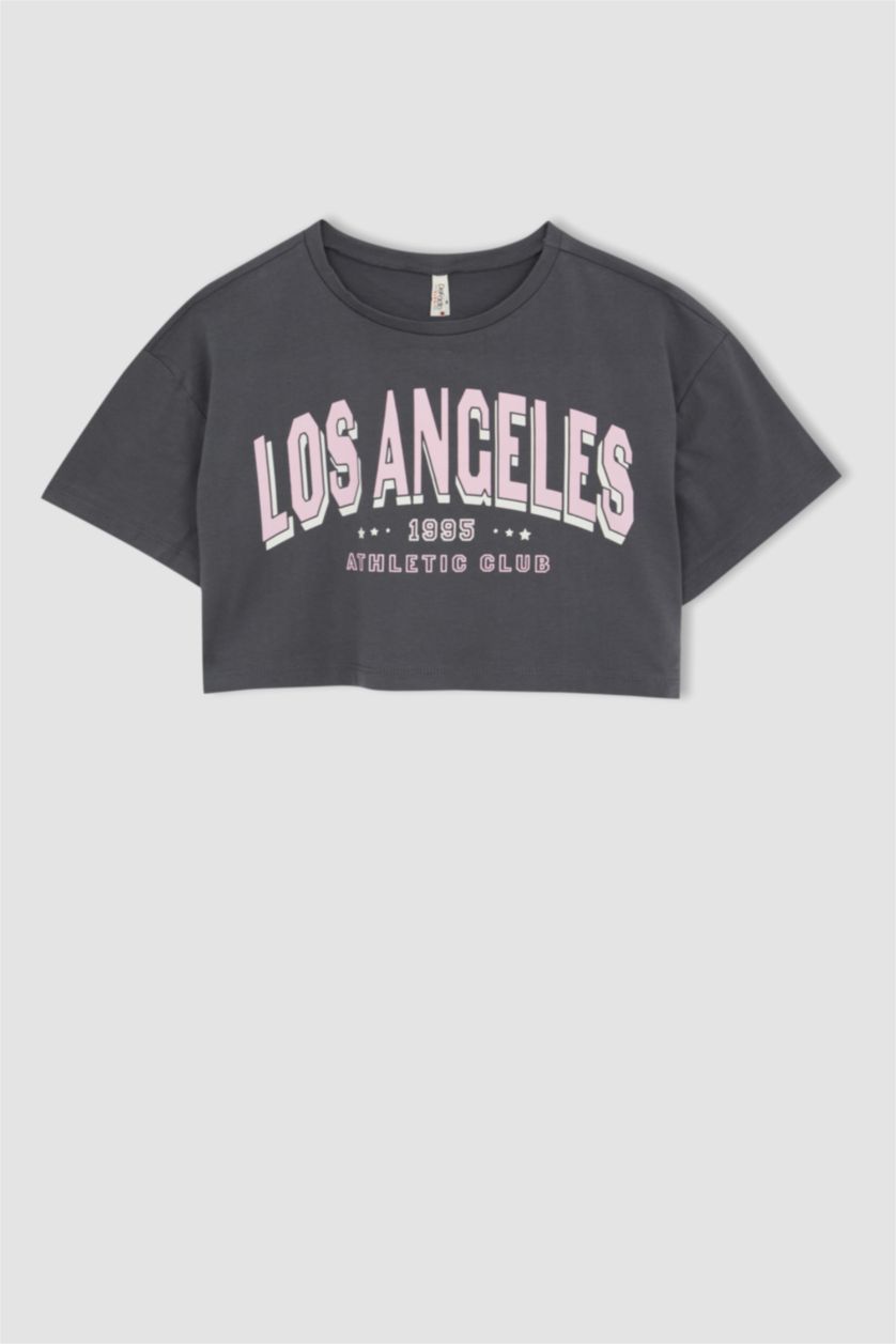 GIRLS & TEENS Grey Girls Defacto Fit Letter Printed Short Sleeve 2-Pack Crop T-Shirt