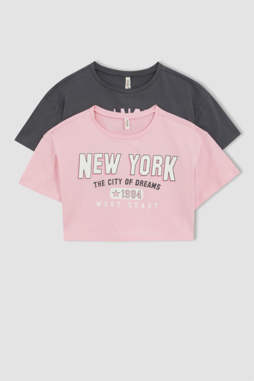 GIRLS & TEENS Grey Girls Defacto Fit Letter Printed Short Sleeve 2-Pack Crop T-Shirt