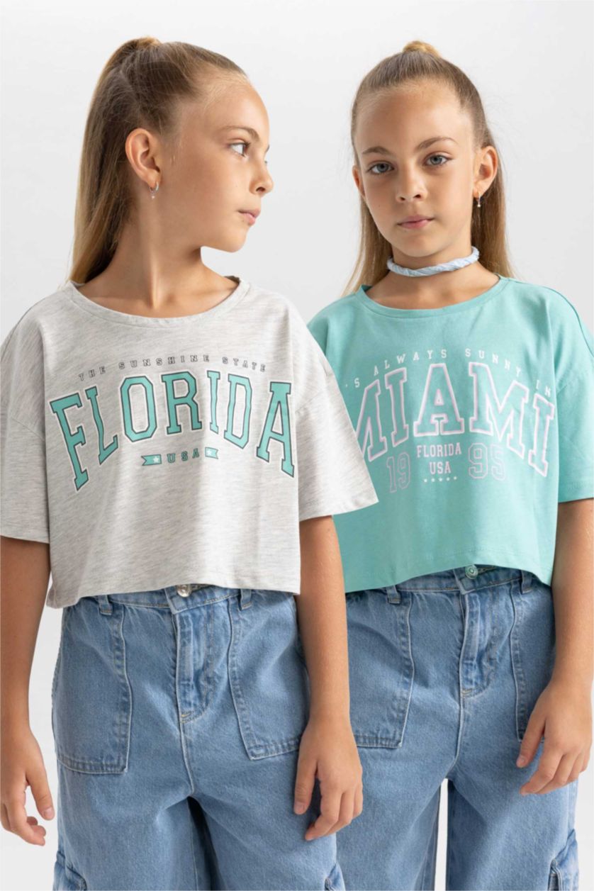 GIRLS & TEENS Mint Girl DeFactoFit Printed Short Sleeve 2 Piece Crop T-Shirt