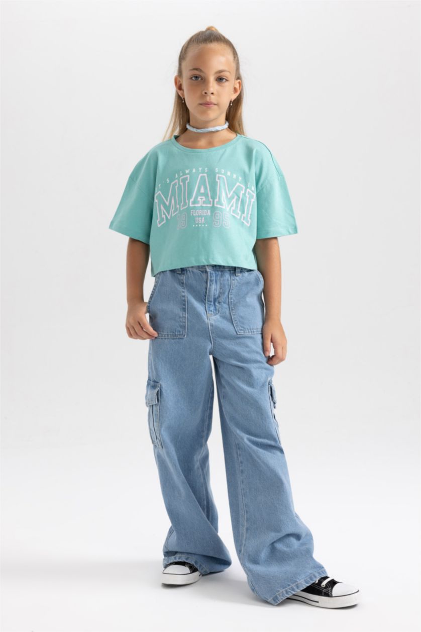 GIRLS & TEENS Mint Girl DeFactoFit Printed Short Sleeve 2 Piece Crop T-Shirt