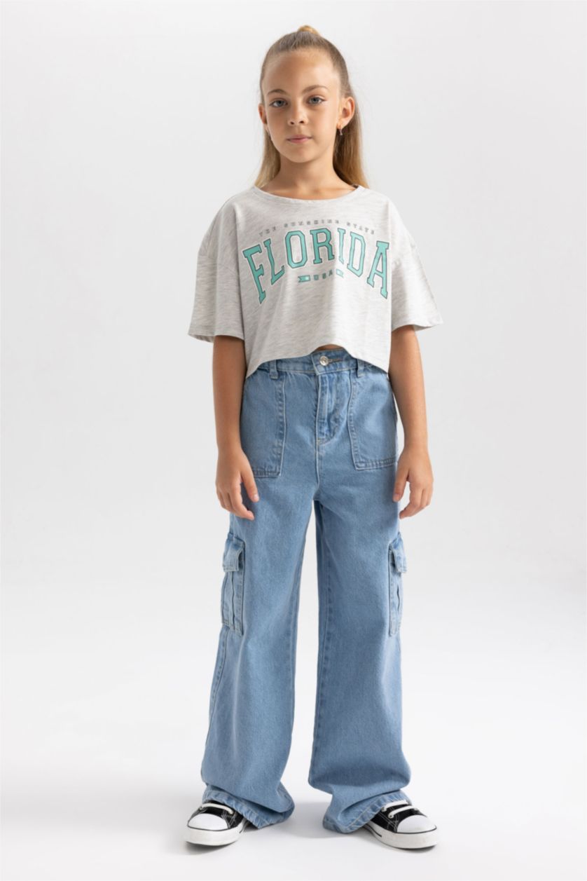 GIRLS & TEENS Mint Girl DeFactoFit Printed Short Sleeve 2 Piece Crop T-Shirt