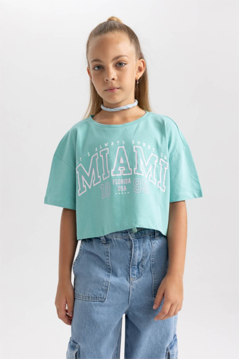 GIRLS & TEENS Mint Girl DeFactoFit Printed Short Sleeve 2 Piece Crop T-Shirt