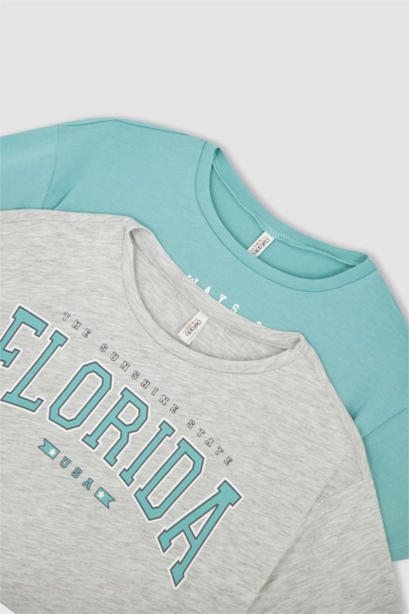 GIRLS & TEENS Mint Girl DeFactoFit Printed Short Sleeve 2 Piece Crop T-Shirt