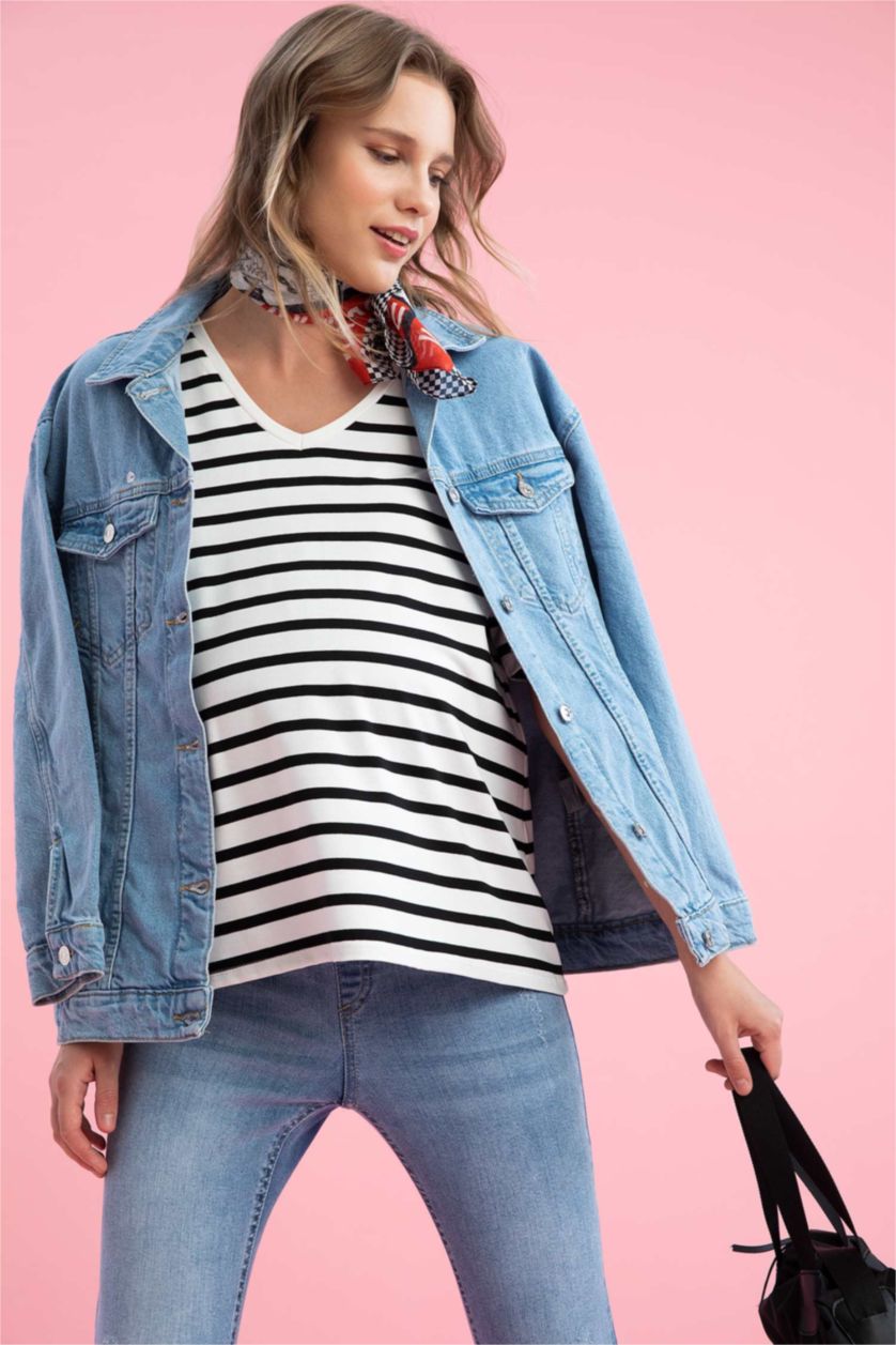 FEMME Noir Haut de maternité rayé à col en V et manches courtes