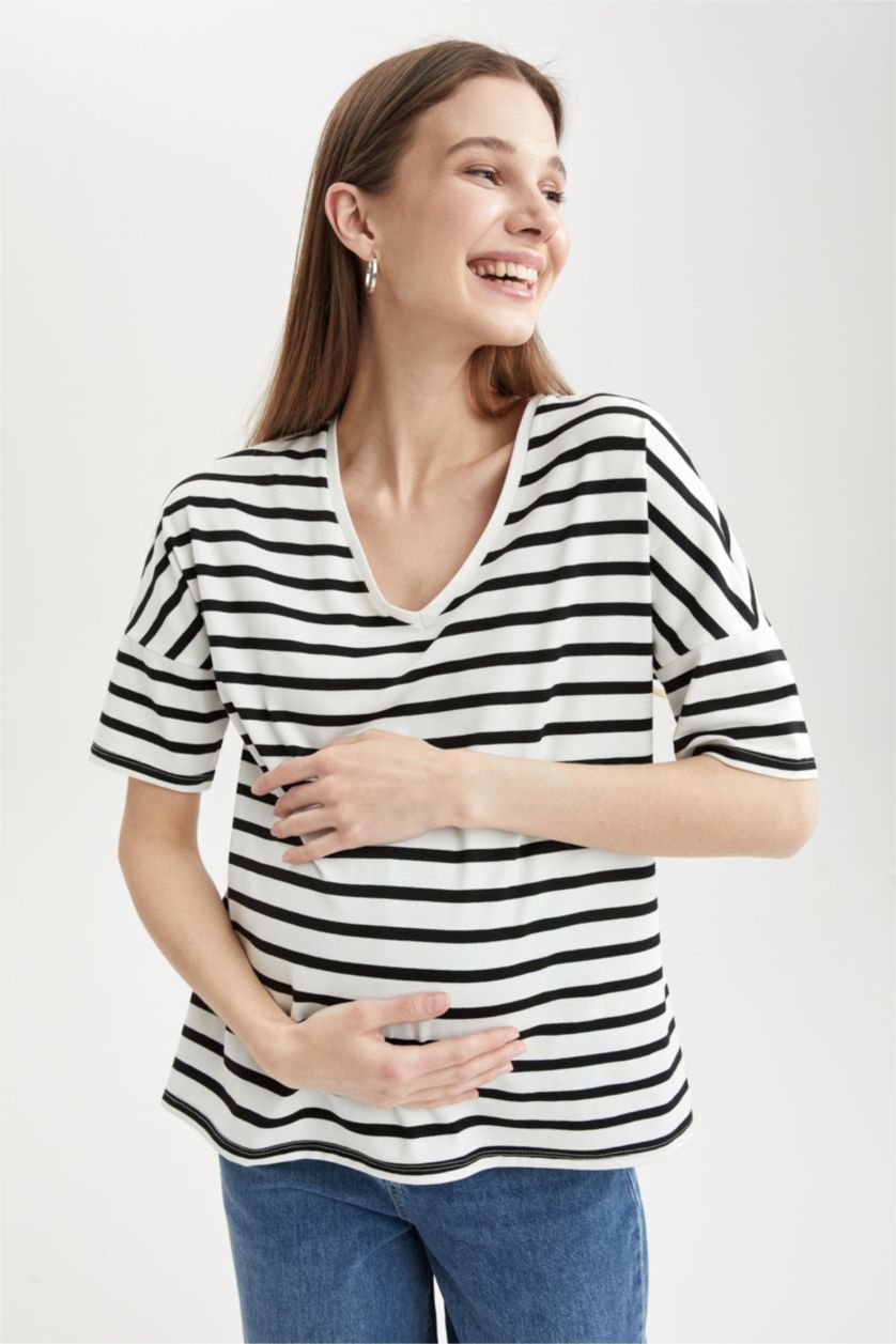 FEMME Noir Haut de maternité rayé à col en V et manches courtes