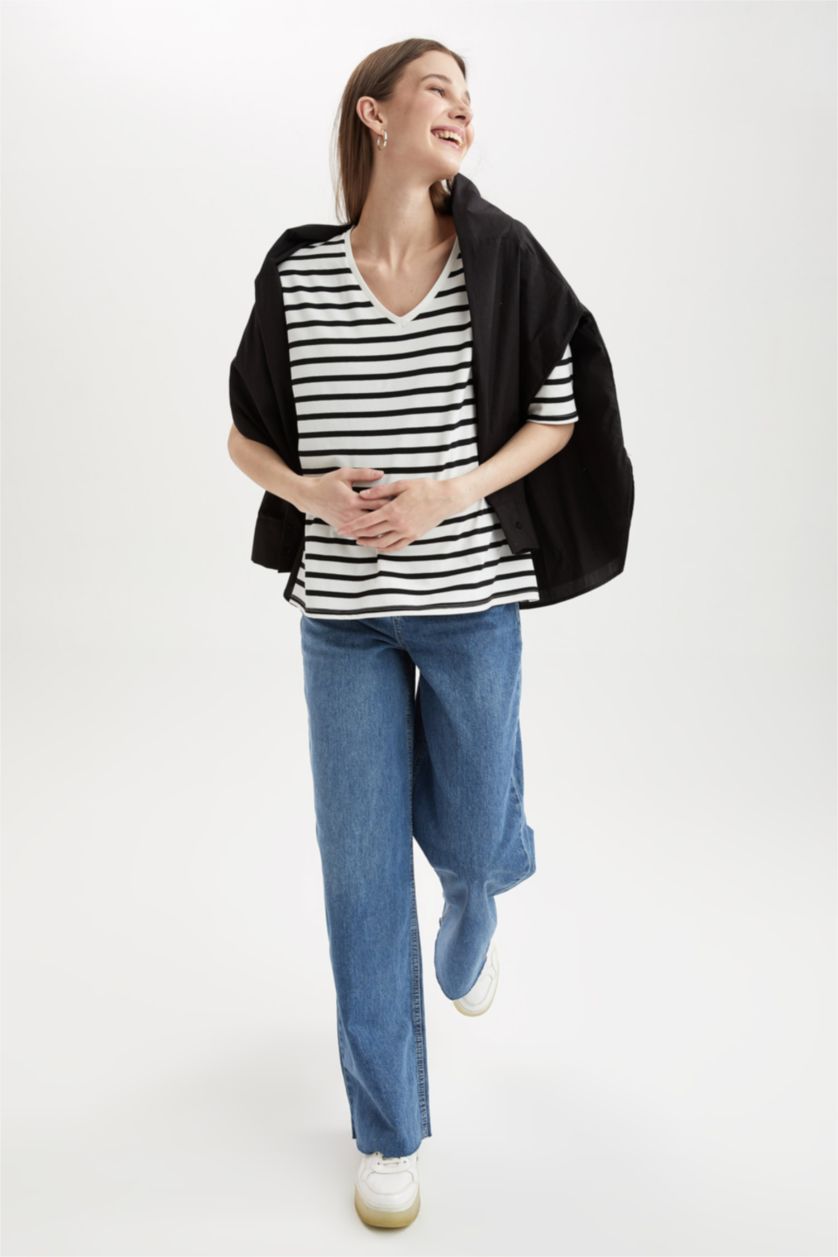 FEMME Noir Haut de maternité rayé à col en V et manches courtes