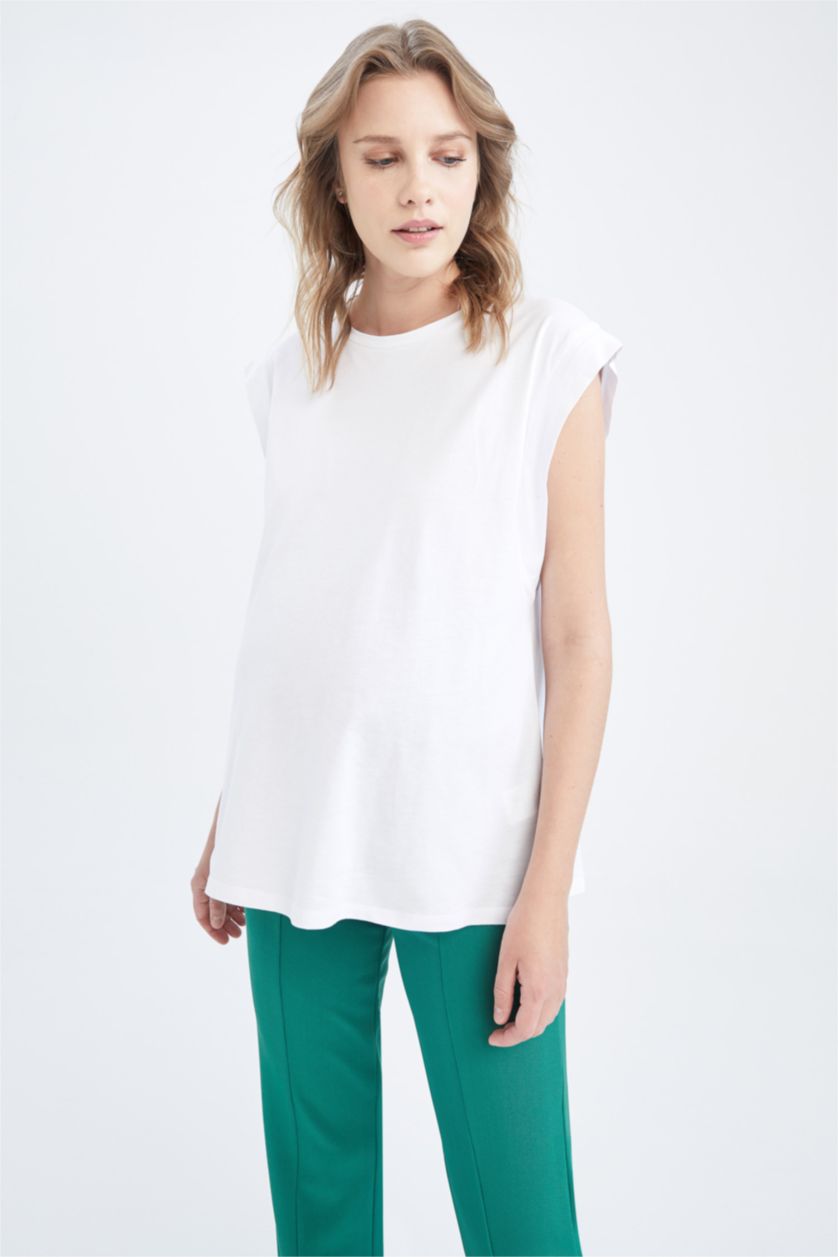 WOMAN White Pregnant Regular Fit Crew Neck Sleeveless T-Shirt