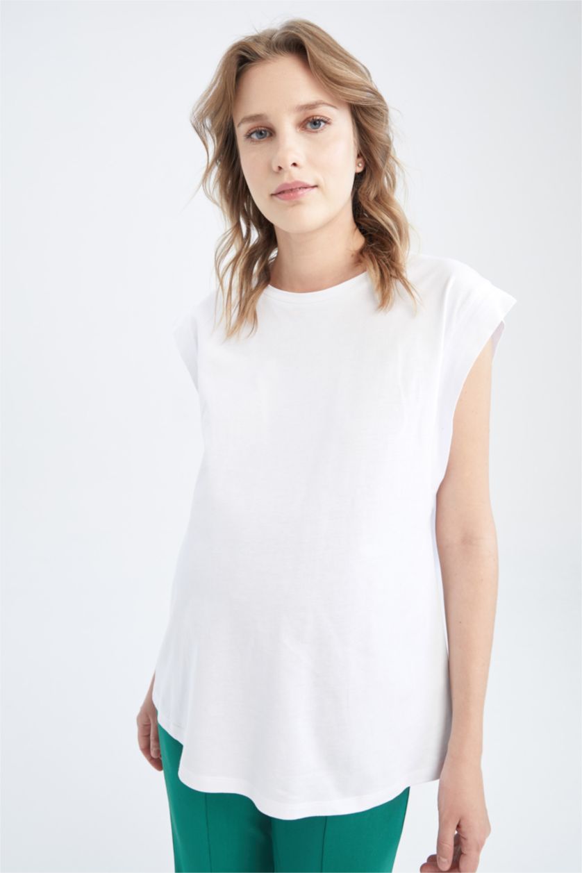 WOMAN White Pregnant Regular Fit Crew Neck Sleeveless T-Shirt