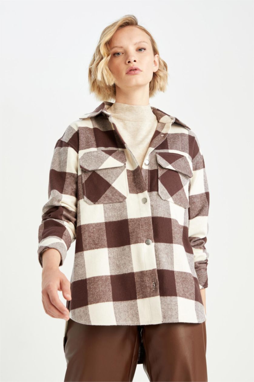 WOMAN Brown Oversize Fit Shirt Collar Flannel Long Sleeve Tunic