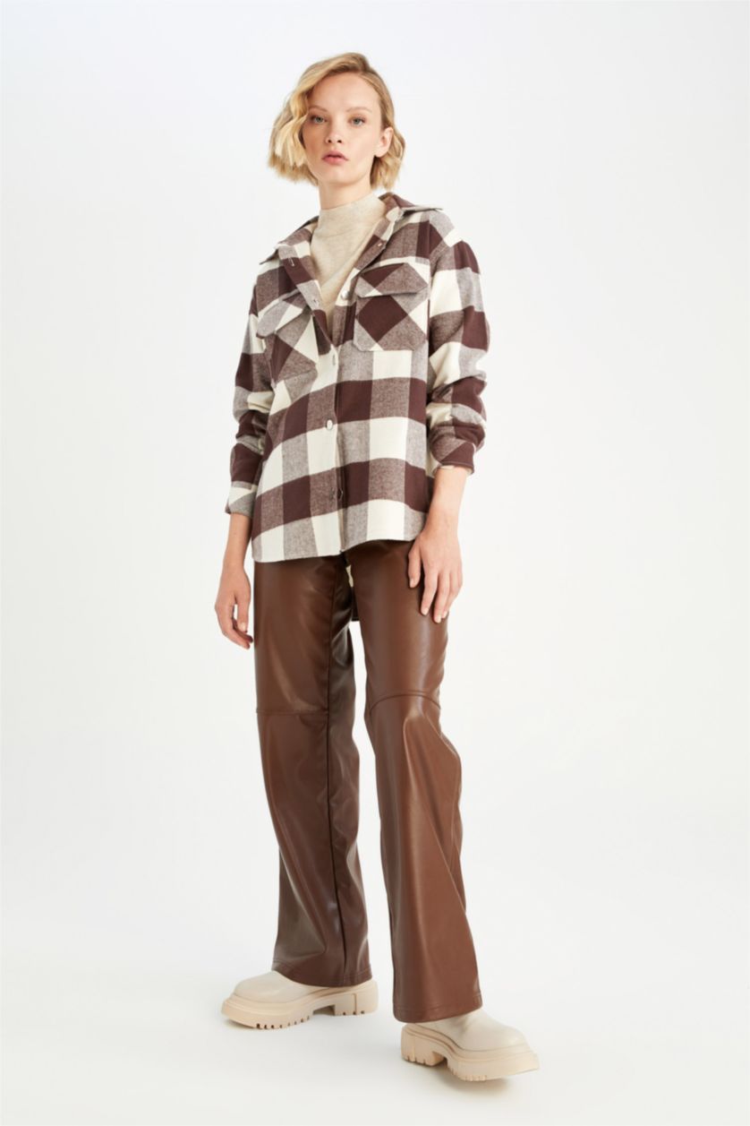 WOMAN Brown Oversize Fit Shirt Collar Flannel Long Sleeve Tunic