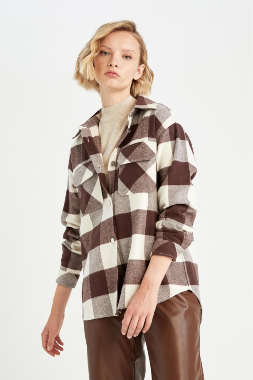 WOMAN Brown Oversize Fit Shirt Collar Flannel Long Sleeve Tunic