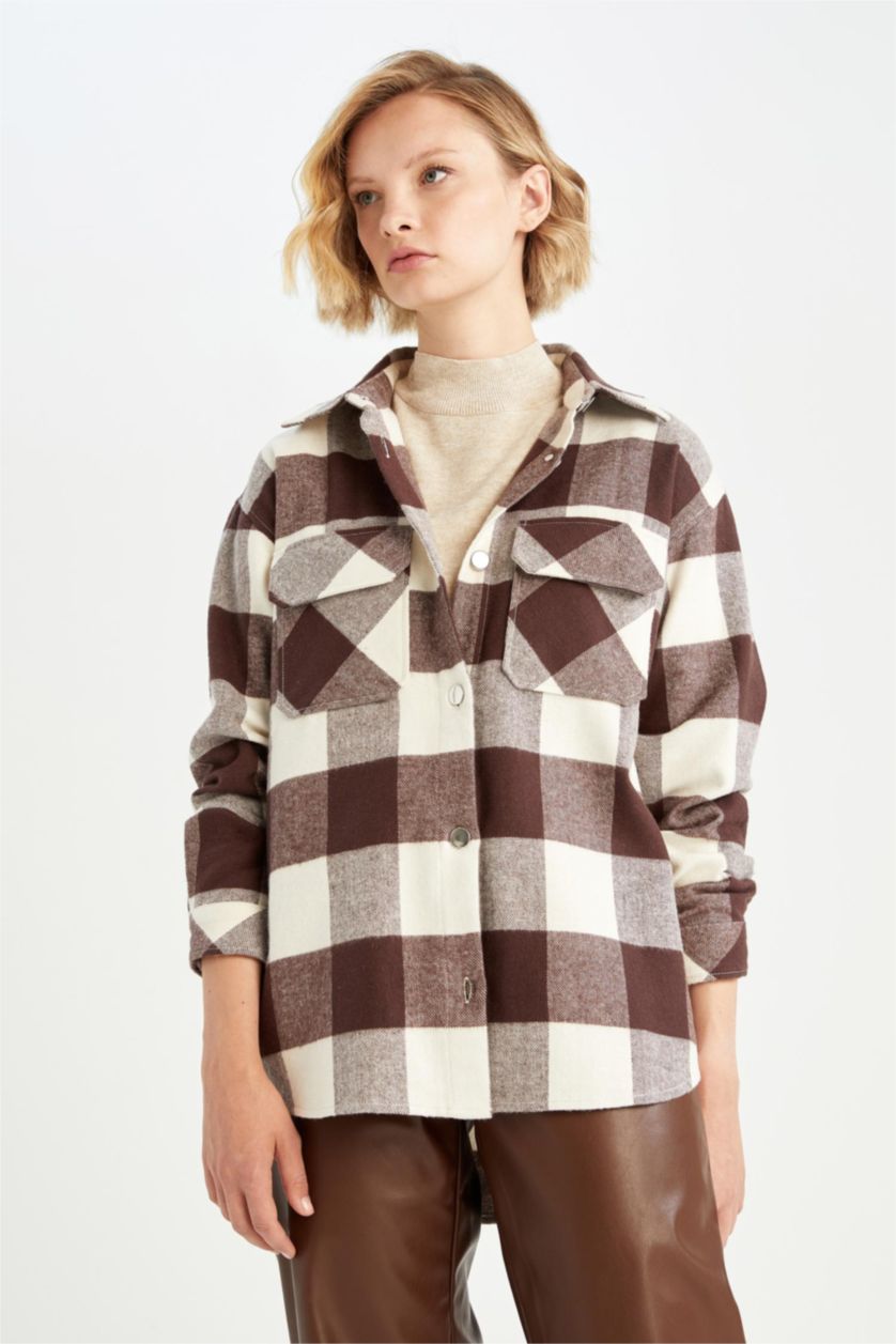 WOMAN Brown Oversize Fit Shirt Collar Flannel Long Sleeve Tunic