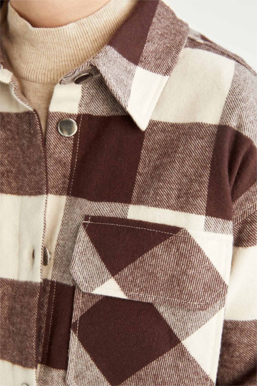 WOMAN Brown Oversize Fit Shirt Collar Flannel Long Sleeve Tunic