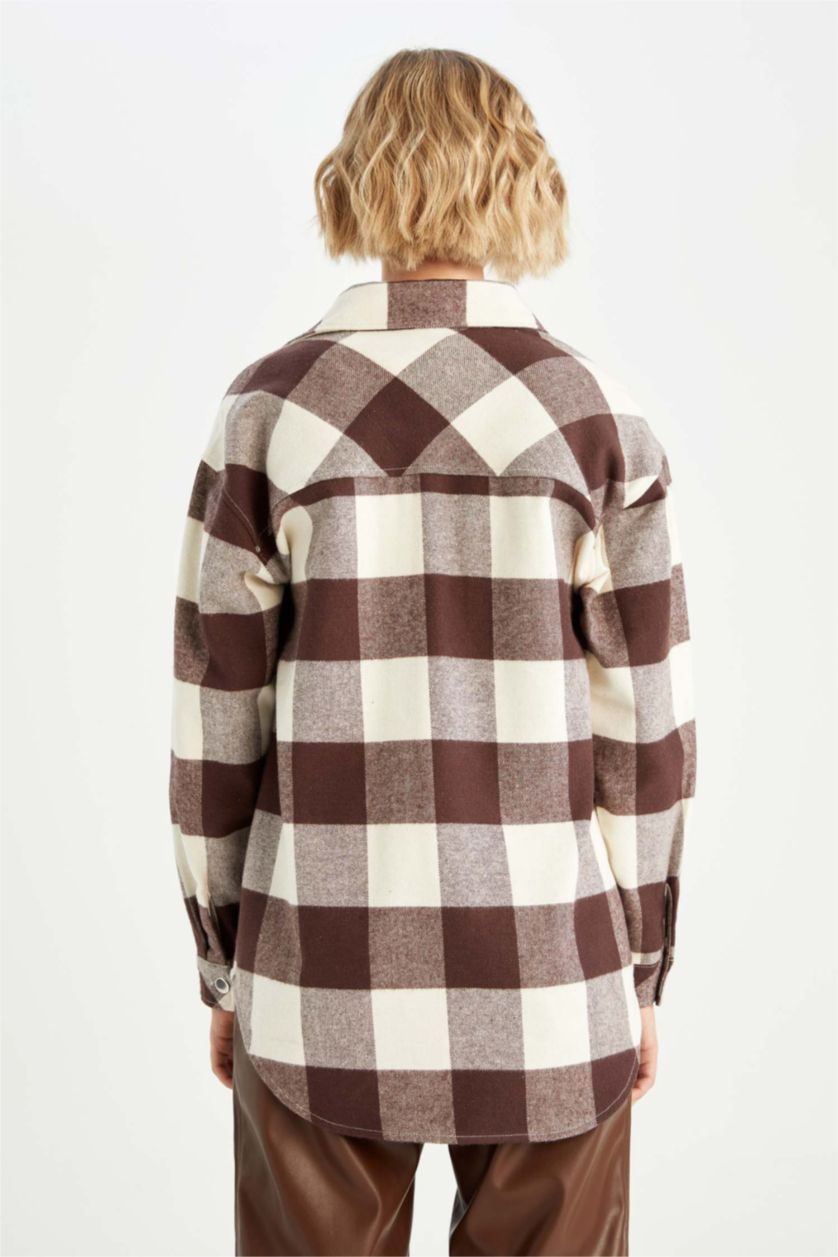 WOMAN Brown Oversize Fit Shirt Collar Flannel Long Sleeve Tunic