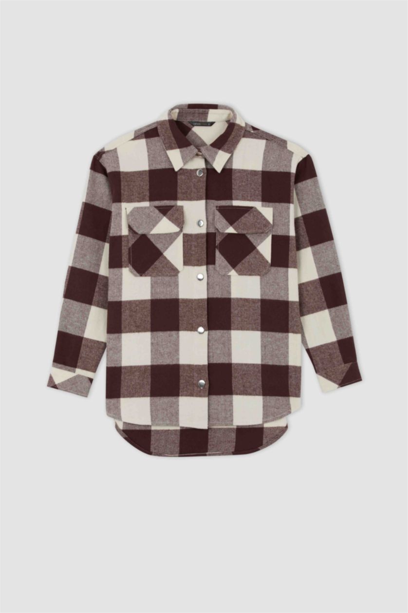 WOMAN Brown Oversize Fit Shirt Collar Flannel Long Sleeve Tunic