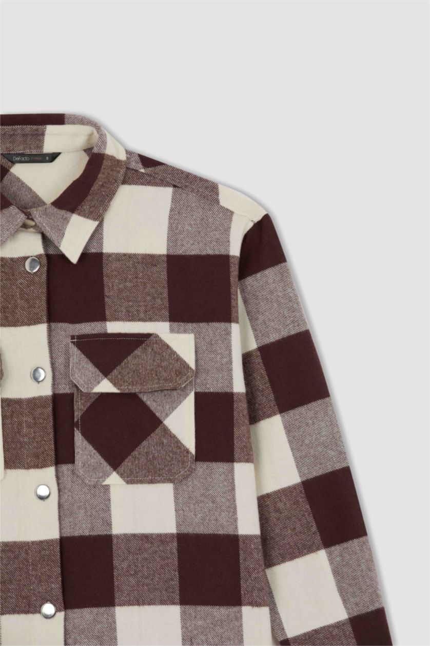 WOMAN Brown Oversize Fit Shirt Collar Flannel Long Sleeve Tunic