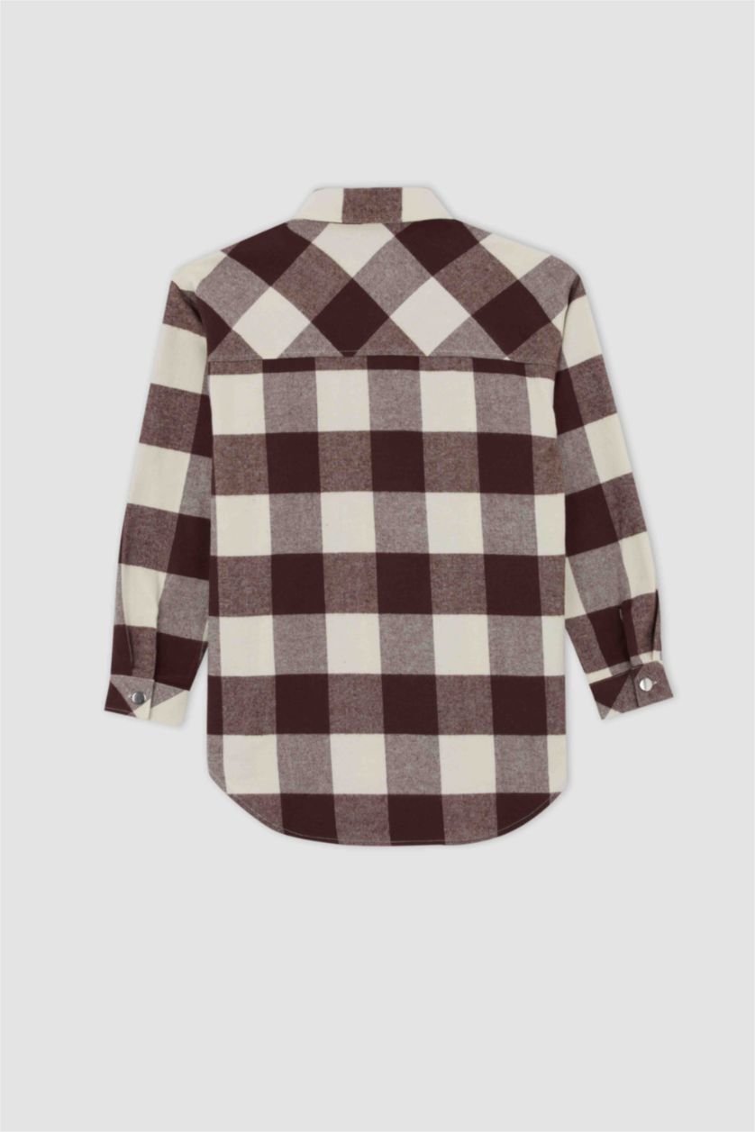 WOMAN Brown Oversize Fit Shirt Collar Flannel Long Sleeve Tunic