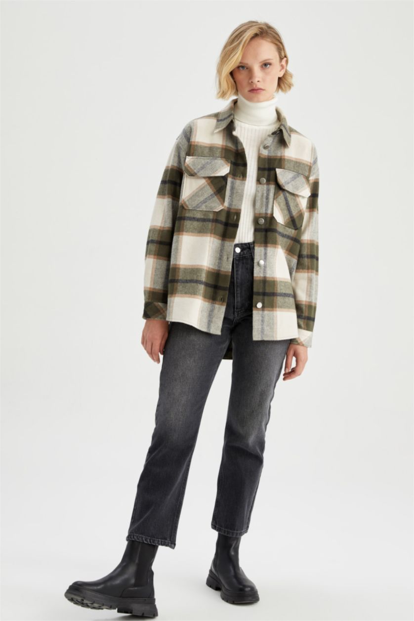 FEMME Kaki Tunique À Manches Longues Flanelle Col De Chemise