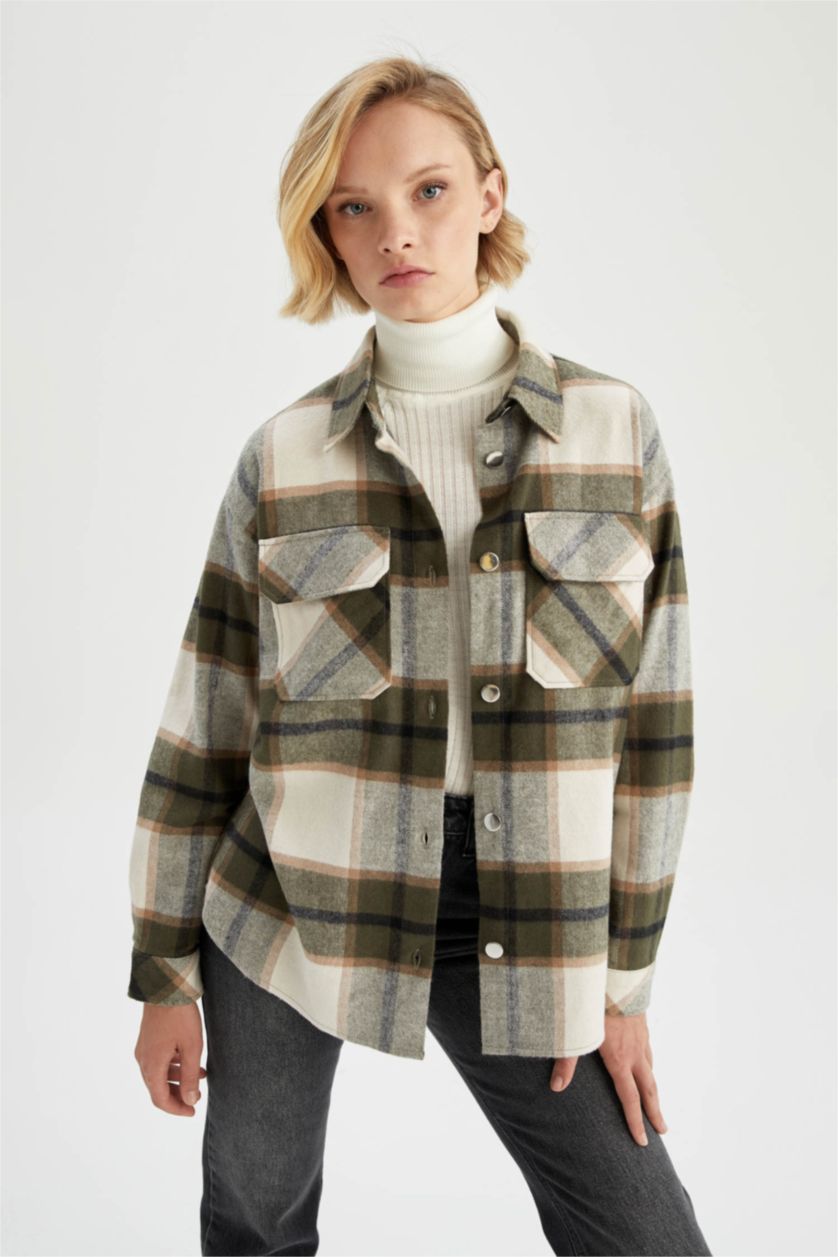 FEMME Kaki Tunique À Manches Longues Flanelle Col De Chemise