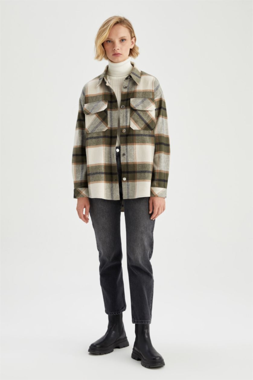 FEMME Kaki Tunique À Manches Longues Flanelle Col De Chemise