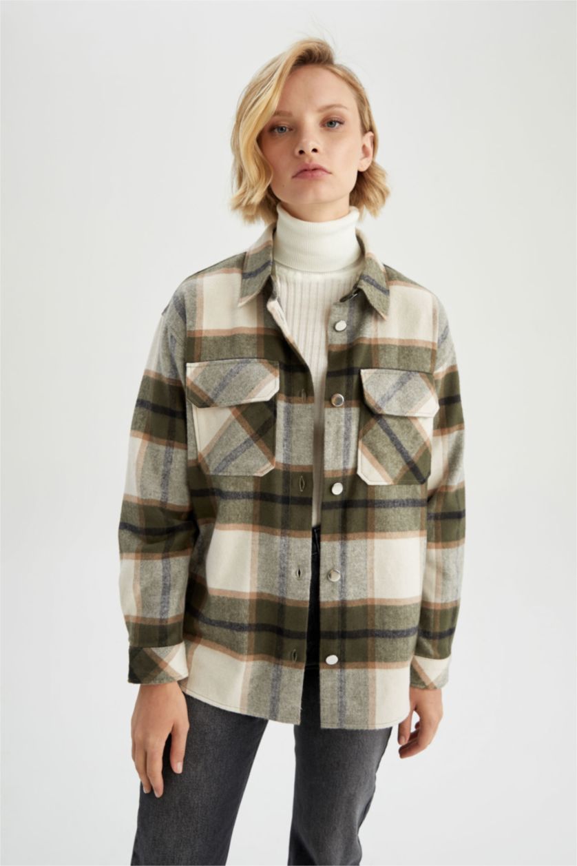 FEMME Kaki Tunique À Manches Longues Flanelle Col De Chemise