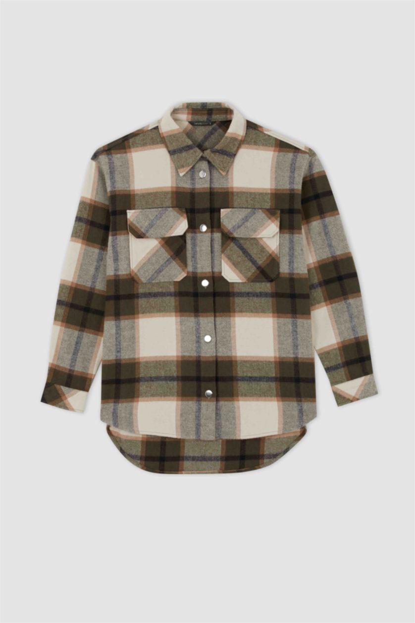 FEMME Kaki Tunique À Manches Longues Flanelle Col De Chemise