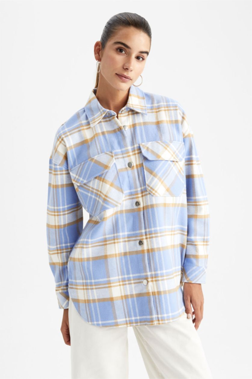Woman Blue Oversize Fit Shirt Collar Flannel Long Sleeve Tunic