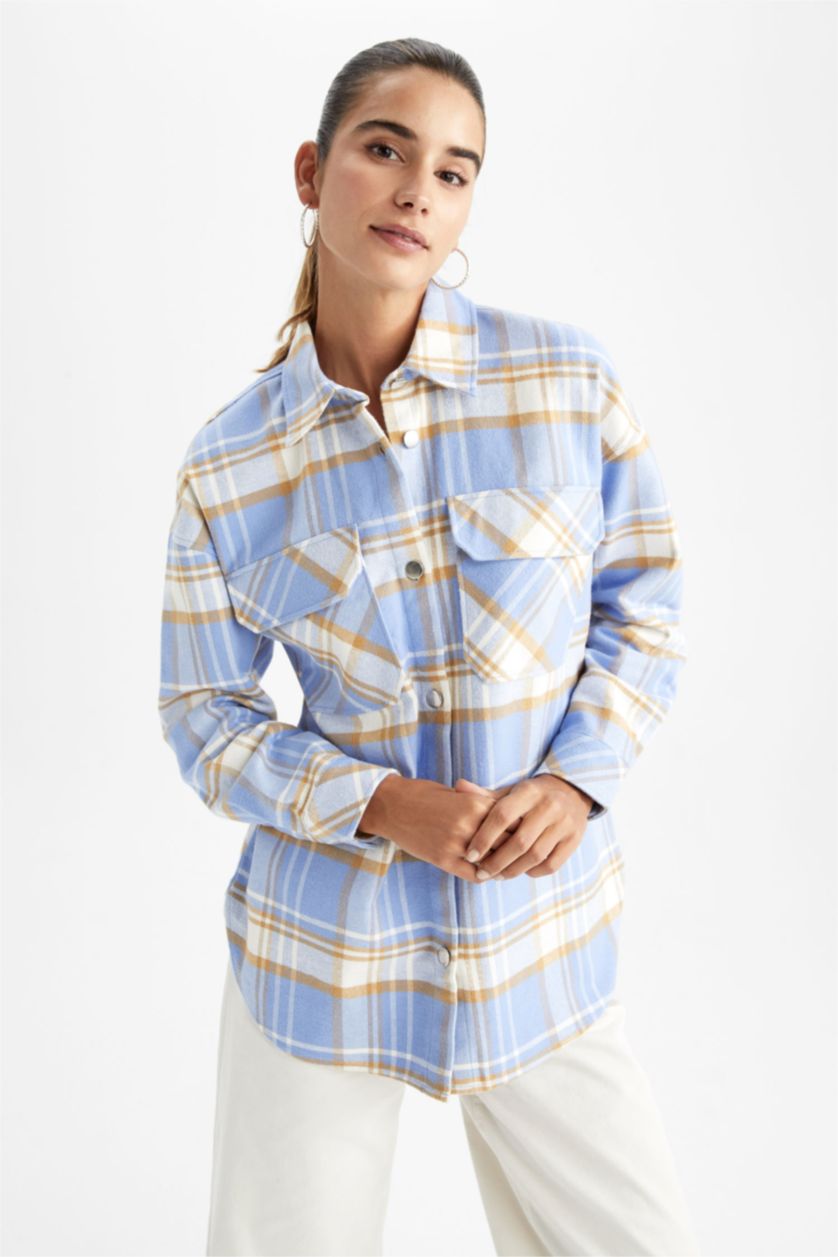Woman Blue Oversize Fit Shirt Collar Flannel Long Sleeve Tunic