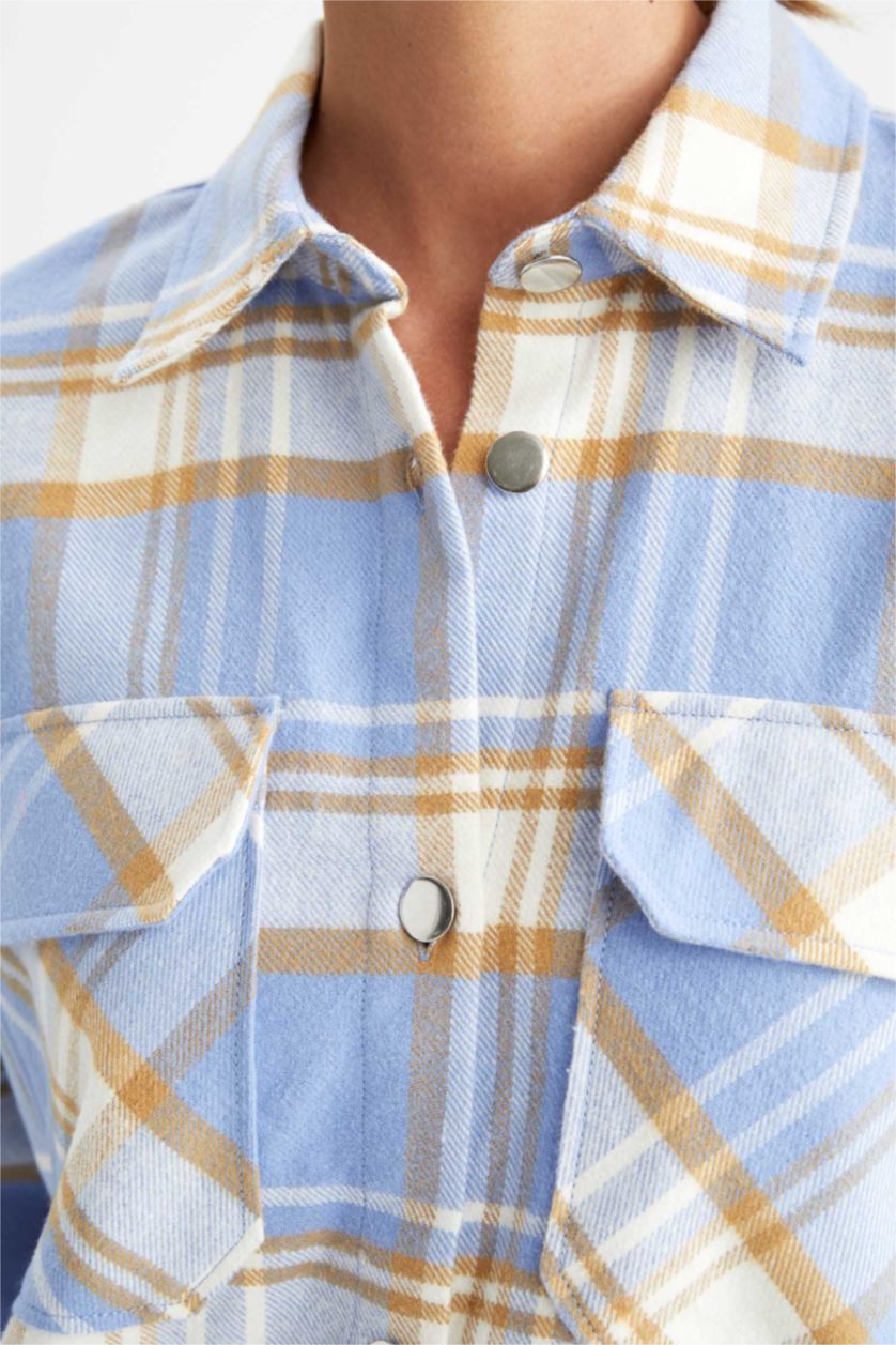 Woman Blue Oversize Fit Shirt Collar Flannel Long Sleeve Tunic