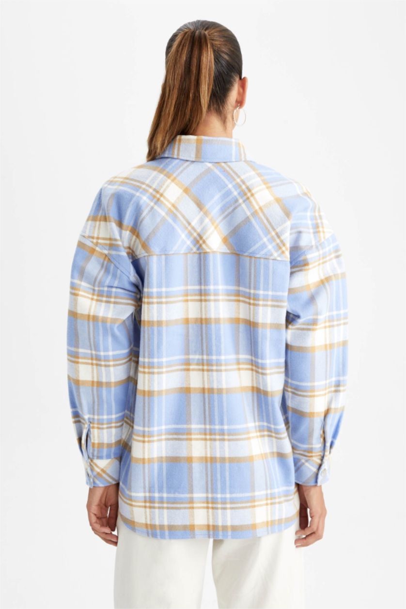 Woman Blue Oversize Fit Shirt Collar Flannel Long Sleeve Tunic