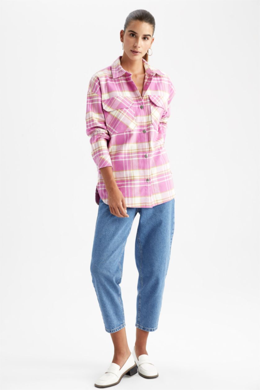 Woman Pink Oversize Fit Shirt Collar Flannel Long Sleeve Tunic