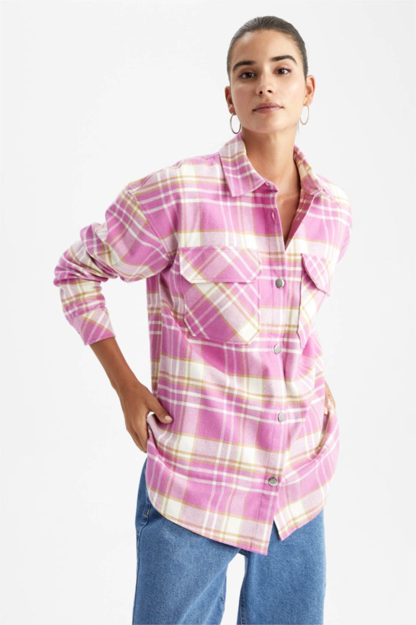 Woman Pink Oversize Fit Shirt Collar Flannel Long Sleeve Tunic