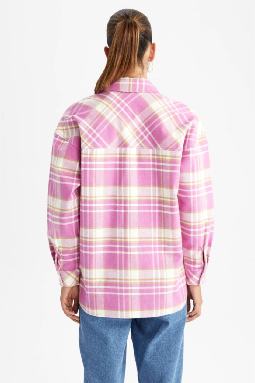 Woman Pink Oversize Fit Shirt Collar Flannel Long Sleeve Tunic