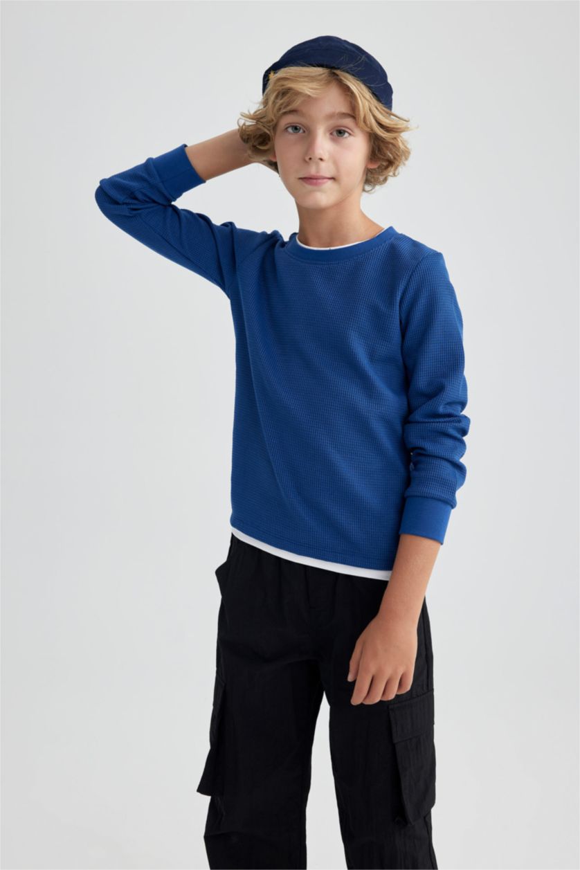 Мальчики и подростки Голубрй Футболка стандартного кроя с длииным рукавом для мальчиков