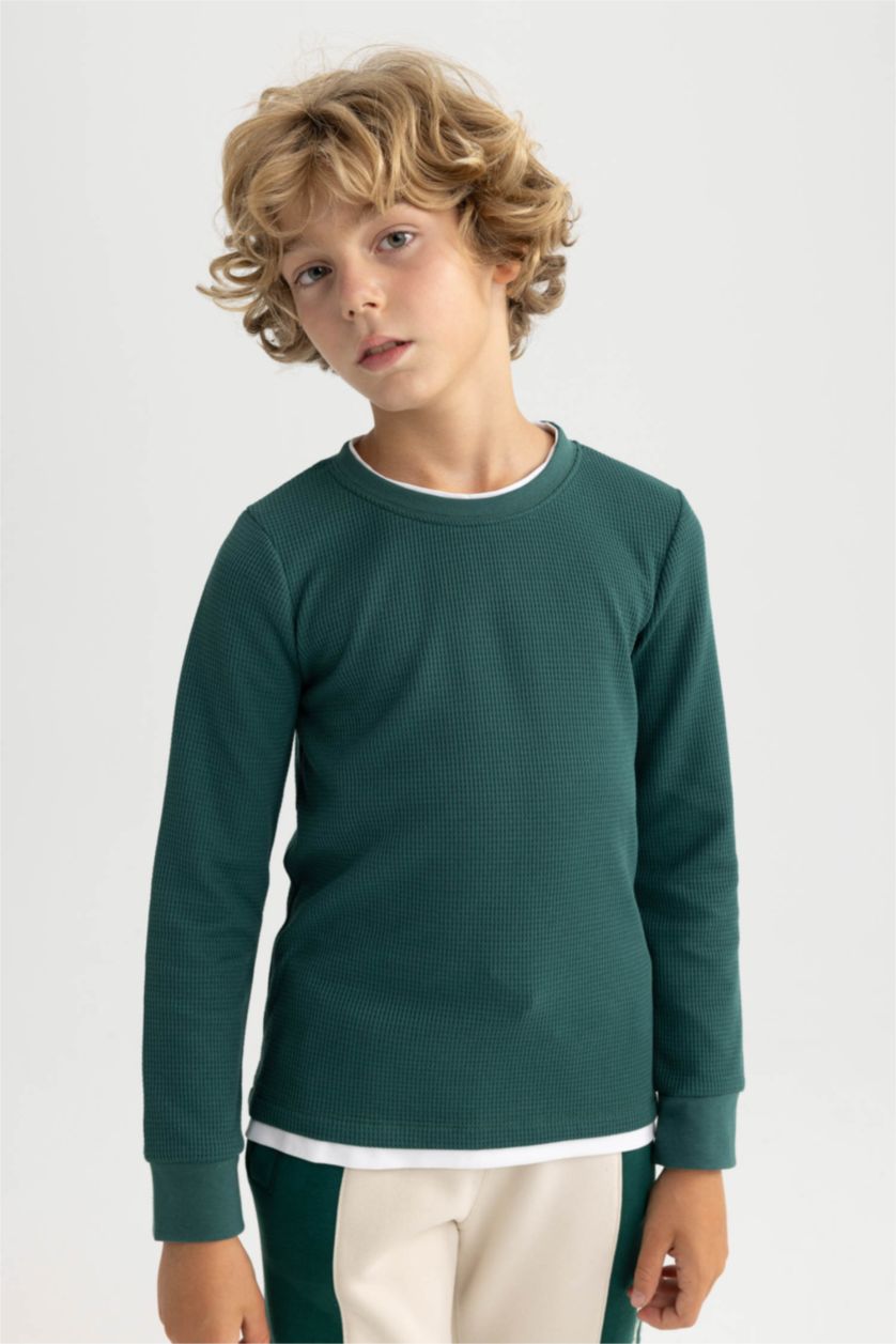 GARÇONS Vert Foncé T-Shirt Coupe Régulière à Manches Longues Col Rond Pour Garçon