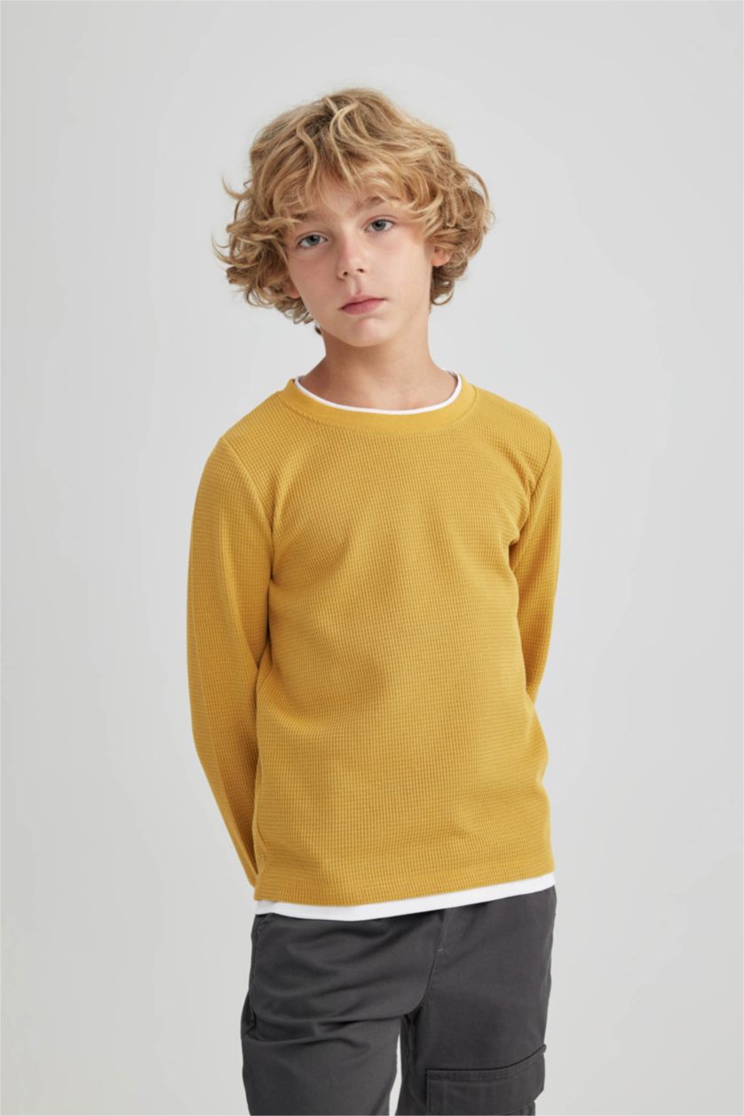 BOYS & TEENS Yellow تيشيرت كم طويل وافل قصة عادية
