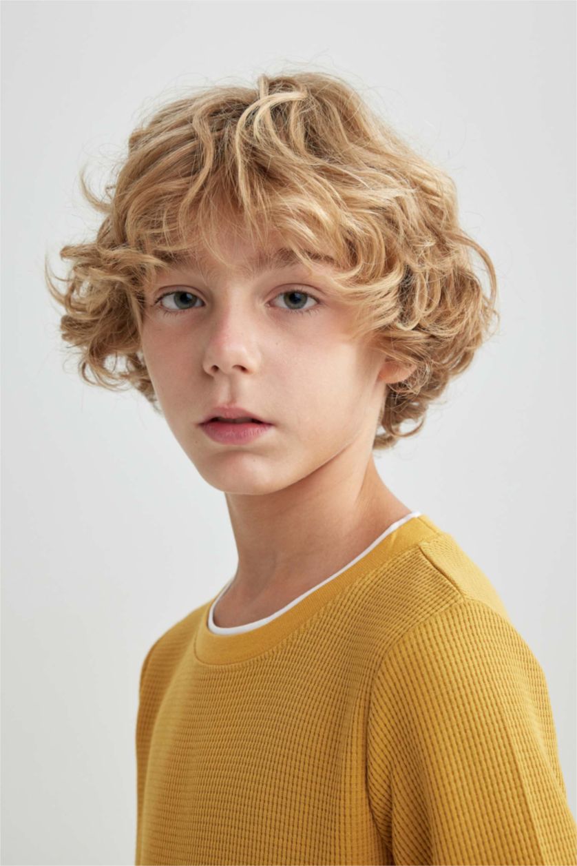 BOYS & TEENS Yellow تيشيرت كم طويل وافل قصة عادية