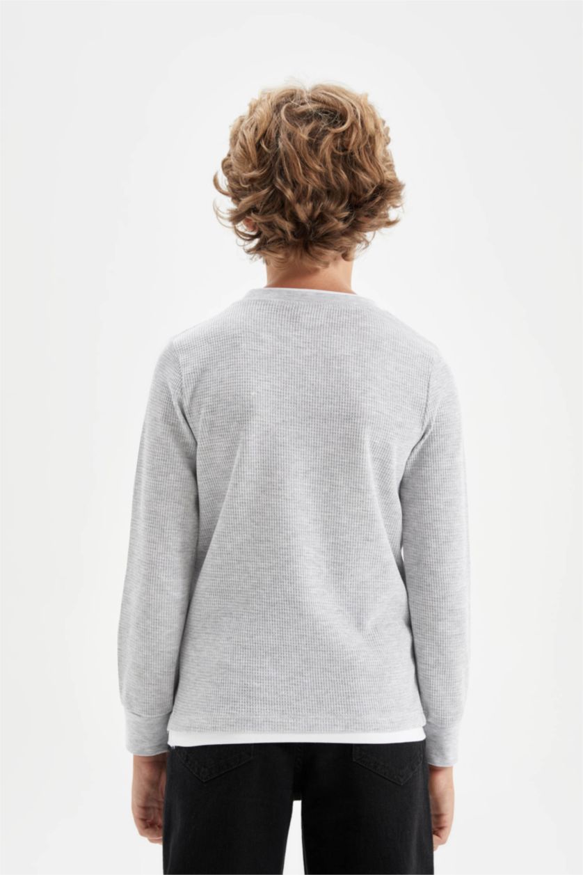 Erkek Çocuk - Genç Erkek Optik Gri Melanj Bisiklet Yaka Basic Düz Waffle Uzun Kollu Okul Tişörtü Erkek Çocuk