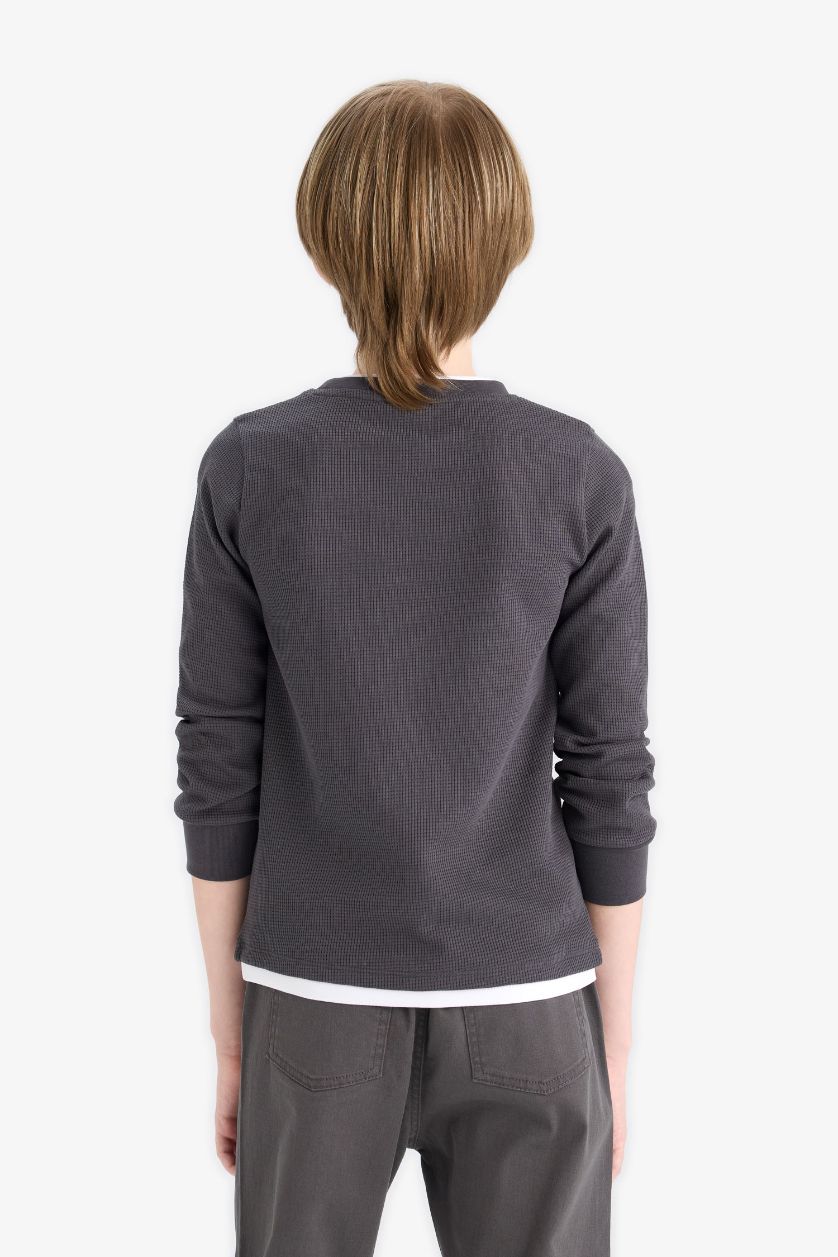 Erkek Çocuk - Genç Erkek Antrasit Bisiklet Yaka Basic Düz Waffle Uzun Kollu Okul Tişörtü Erkek Çocuk