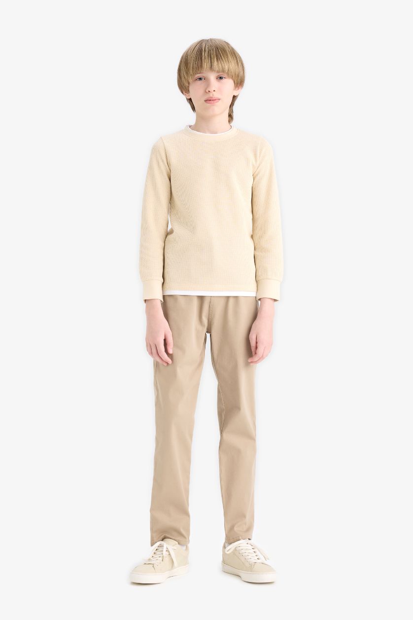 Erkek Çocuk - Genç Erkek Bej Bisiklet Yaka Basic Düz Waffle Uzun Kollu Okul Tişörtü Erkek Çocuk