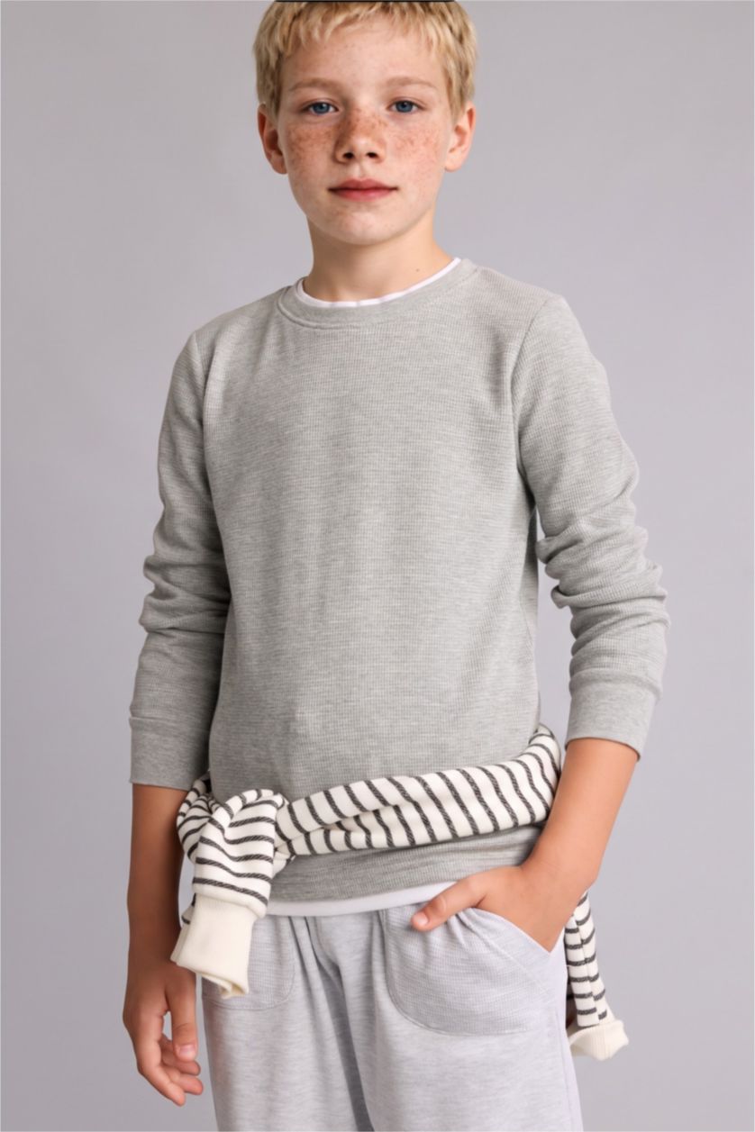 Мальчики и подростки Серый меланж Футболка с длинным рукавом и круглым вырезом из вафельной ткани для мальчиков