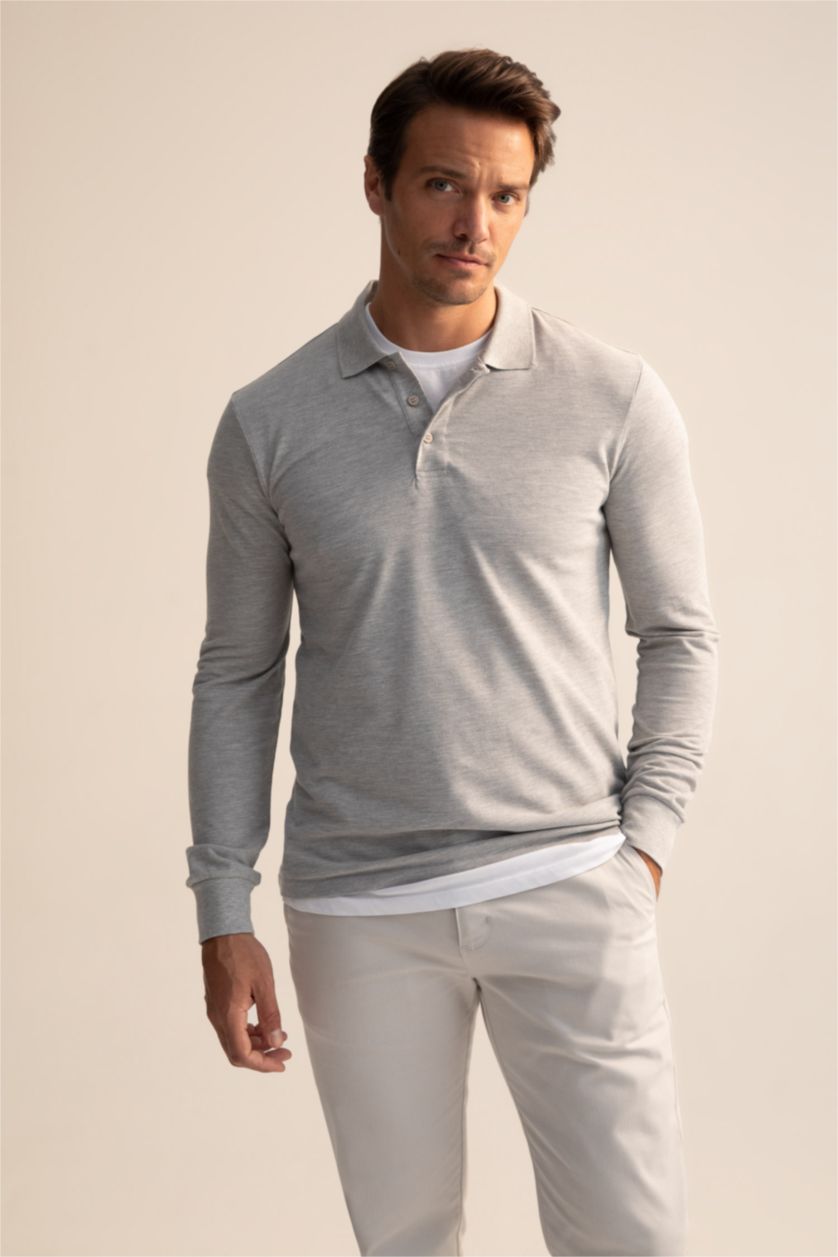 Мужчины Серый меланж Футболка-поло приталенного кроя для мужчин