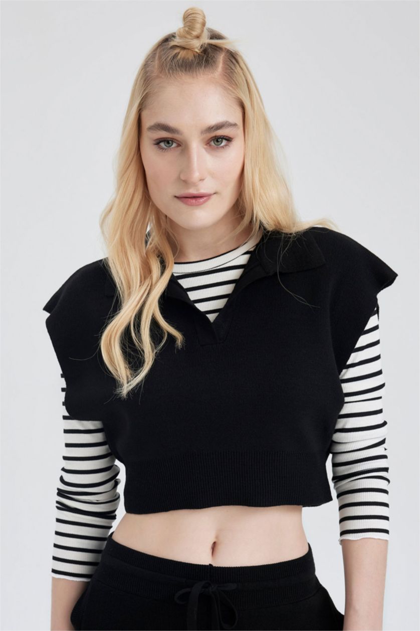 FEMME Noir Pull sans manches en tricot à Col Polo et Coupe régulière