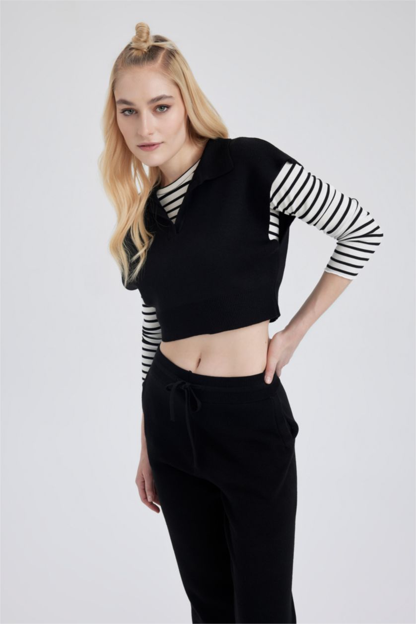 FEMME Noir Pull sans manches en tricot à Col Polo et Coupe régulière