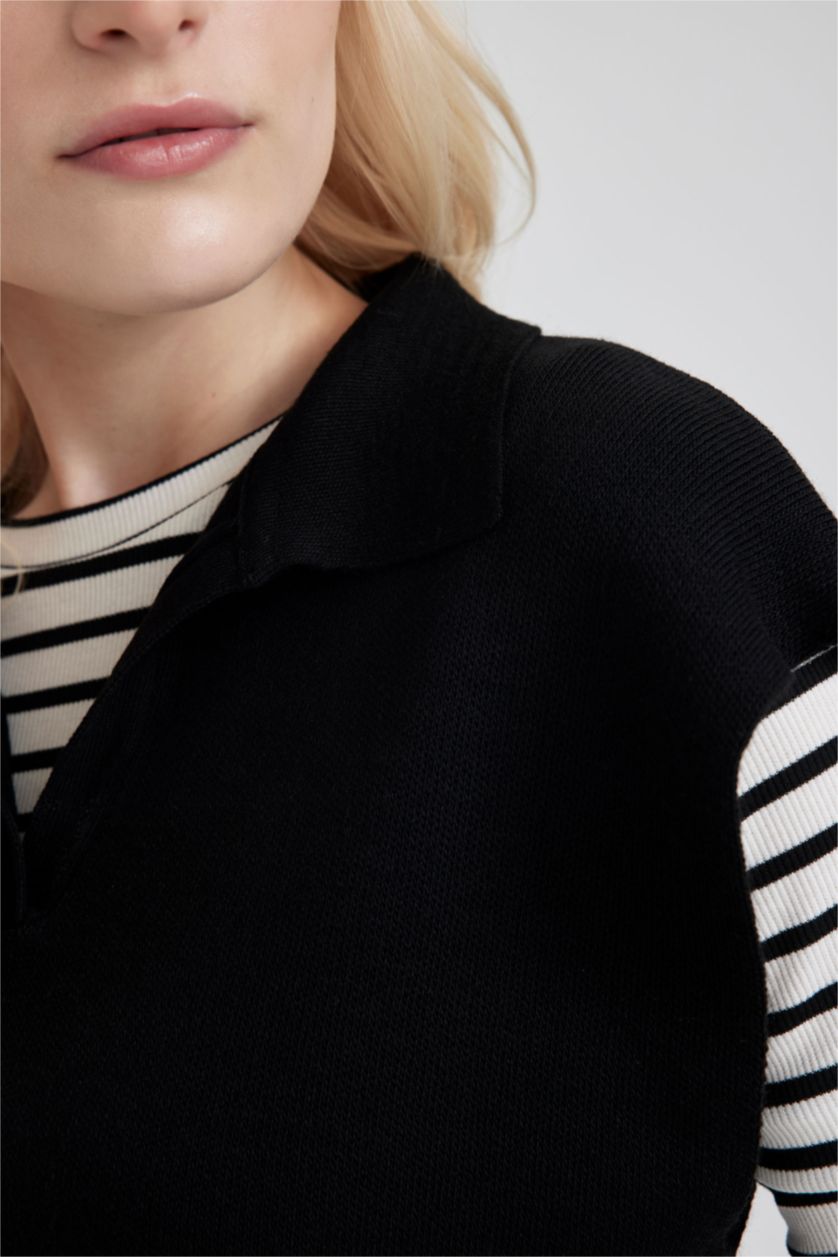 FEMME Noir Pull sans manches en tricot à Col Polo et Coupe régulière