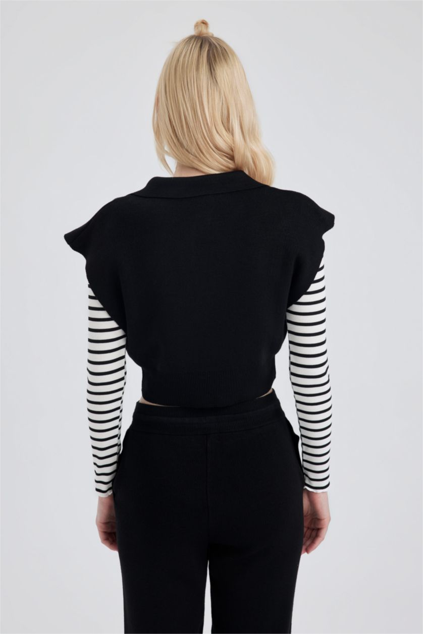 FEMME Noir Pull sans manches en tricot à Col Polo et Coupe régulière