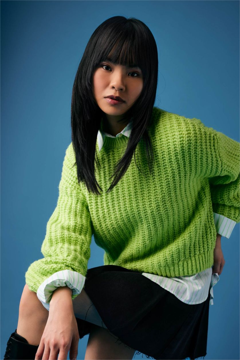 Kadın Açık Yeşil Oversize Geniş Kalıp Bisiklet Yaka Triko Kazak