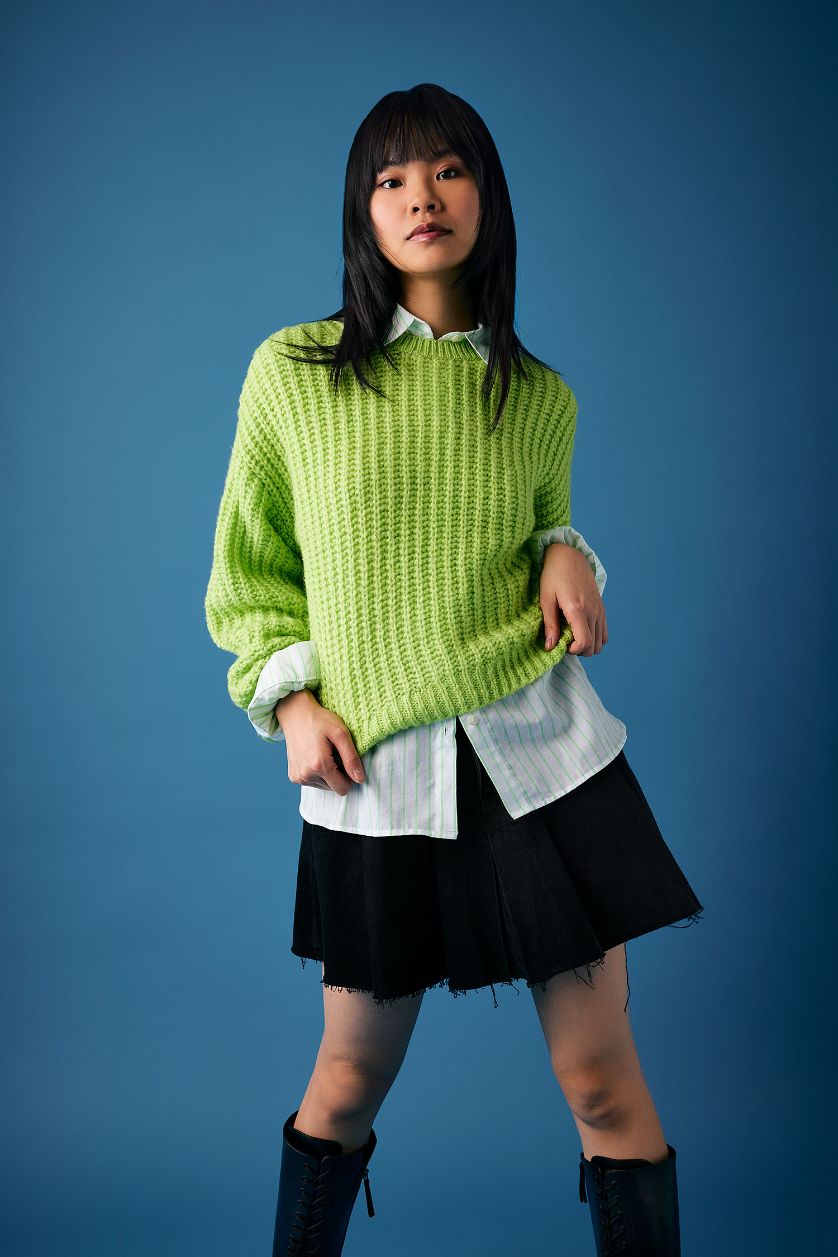 Kadın Açık Yeşil Oversize Geniş Kalıp Bisiklet Yaka Triko Kazak